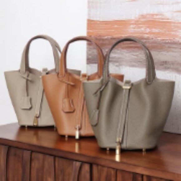 Genuine Leather Bucket Bag with Lock Design, Shoulder Satchel Handbag - Picture 3 of 7
